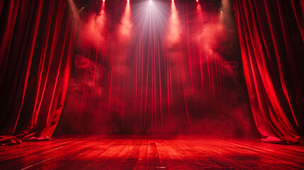 Theater stage with red curtains and spotlights