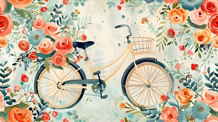 Fototapeta premium Vintage Bicycle Surrounded by Vibrant Floral Arrangement in a Rustic Romantic Setting