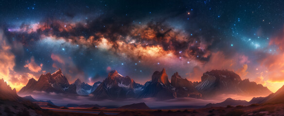Milky way galaxy over majestic mountain range at twilight