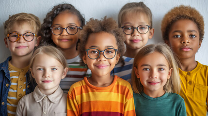 Close up of smiling children of different races of school age and dressed in casual clothes on white background. Selective focus.  

