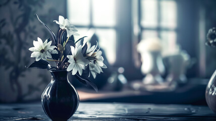 Elegant vase with white flowers in dimly lit room