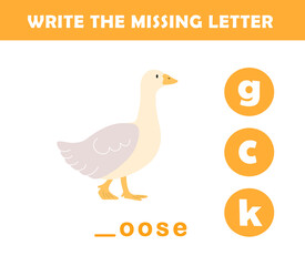 Write the missing letter. Worksheet for kids. Find missing letter worksheet for children.