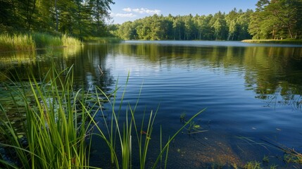 Obraz premium Serene Lakeside Reflecting Environmental Wellness and Conservation at Nature Reserve