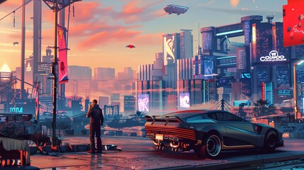 Electric car charging station in a futuristic urban landscape with pride flags and diverse people. Art style: cyberpunk.