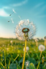 Dandelion with seeds being blown away by wind, against background of green grass and blue sky.