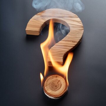 A wooden question mark symbol on fire burning with smoke. Inquiry, Q&A, and FAQ concepts.