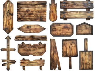 Naklejka premium Wooden signs set against a white background in high resolution