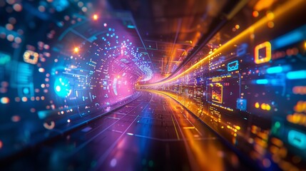 Obraz premium Futuristic Visualization of IDF's Networked Defense and AI Integration with Abstract Blue and Green Lights in a High-Tech Cyber Warfare Concept