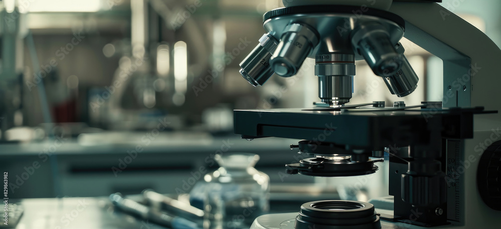 Wall mural close-up view of laboratory microscope with scientific instruments