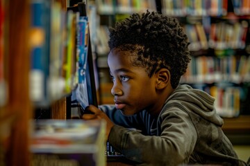 A young Black boy engrossed in reading a book amidst shelves of books in a library