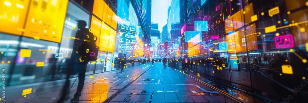 Aufkleber futuristic surveillance in a high-tech city: dynamic blend of geometric shapes and bright colors ill