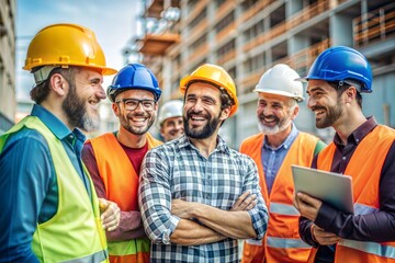 group of happy smiling architects in the background.