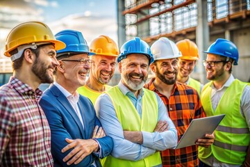 group of happy architects on a background of a building construction