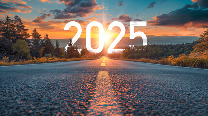 2025 New Year road trip travel with nature landscape and highway road leading forward for happy new year celebration in the beginning of 2025 concept, Photo by AI generative