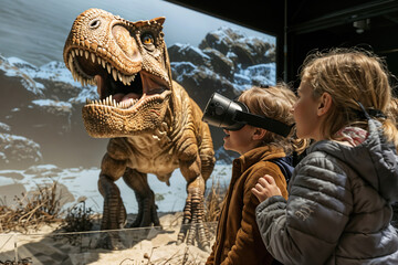 Two children wearing virtual glasses, interacting with a lifelike dinosaur in a virtual prehistoric...