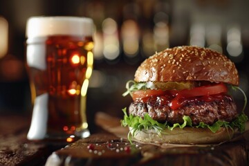Hamburger and beer on table classic staple food pairing