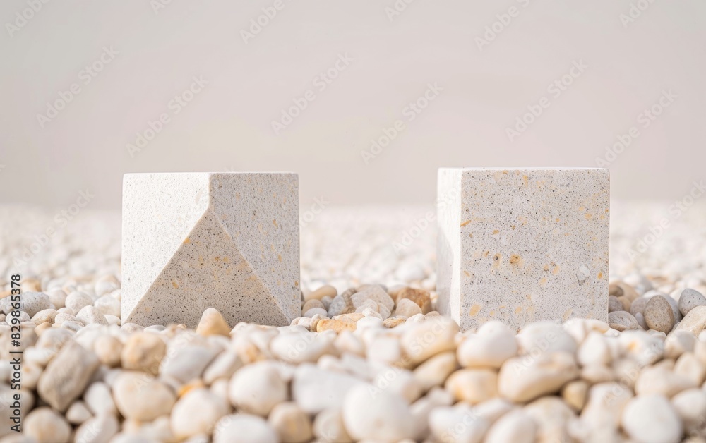 Poster symmetrical abstract art with geometric symbols on white pebble background