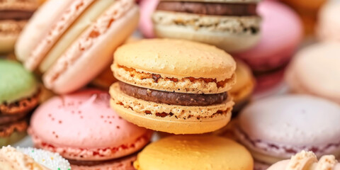 Assorted Macarons Background. Close-up of various colorful macarons stacked together, highlighting their delicate texture and rich fillings.