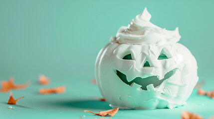 Jack-o-lantern pumpkin made from creamy white beauty skin spa face cream Halloween fall product skincare cosmetics ad concept texture on modern pastel aqua green background creative banner copy space