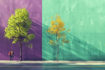 Young Couple Enjoying a Sunny Morning in a Minimalist Urban Park with Colorful Backdrop