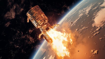 The satellite burns in outer space