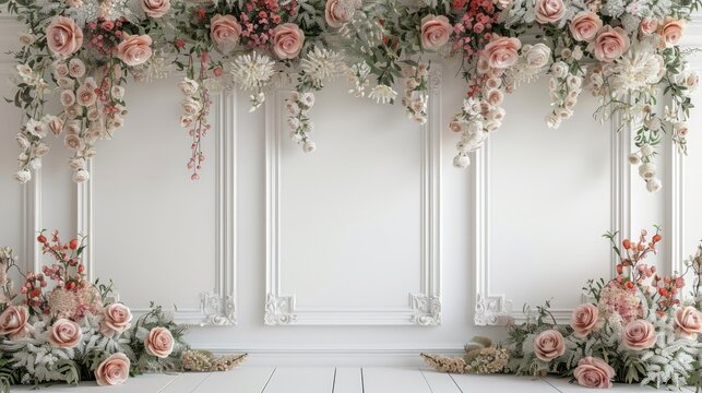 A white wall with a floral arrangement of pink flowers