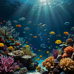 A photorealistic plunge into the ocean's depths. Sunlight filters through pristine water, revealing a breathtaking display of marine life