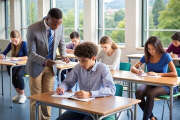 Fototapeta premium group of multiethnic students sitting in classroom and writing in school class, studying and learning concept