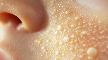 Fototapeta premium Close-up of a baby's cheek with Milia, showing tiny white bumps on the skin texture. Detailed photo of common infant skin condition.