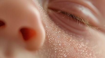 Close-up of a baby's delicate skin and face highlighting intricate details and texture. Ideal for parenting, skincare, and health-related themes.