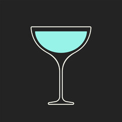 Alcohol cocktail glass. Vector logotype. White line icon with blue shape on black background.