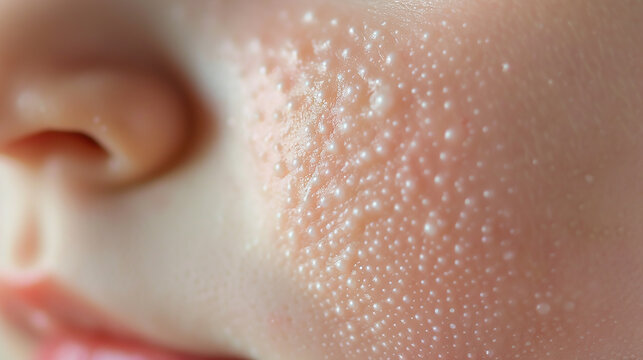 Close-up of baby skin with whitehead acne showing white bumps. Detailed texture and condition of infant facial skin.