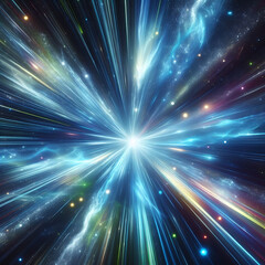 Naklejka premium Abstract background in blue green and white neon glow colors. Speed of light in galaxy. Explosion in universe 