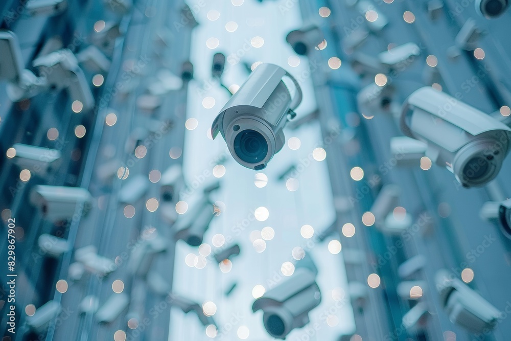 Aufkleber seamless integration of modern security system: artistic depiction of merging cctv cameras with flui