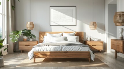 Embracing Scandinavian style, the modern bedroom features a wooden bed adorned with white bedding, complemented by sleek bedside cabinets.