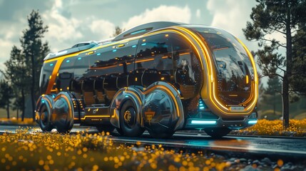A futuristic bus with neon lights and a yellow stripe