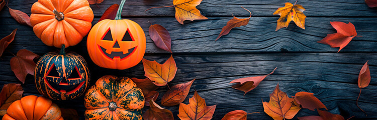 Halloween flat lay with festive Halloween pumpkins and autumn leaves on wooden background.