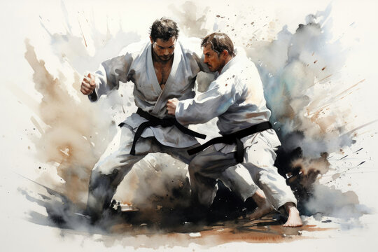 Male karatekas with black belts sparring