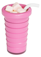 3d pink plastic cup with milkshake and marshmallows on isolated transparent background