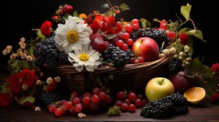 Colorful Fruit Basket on Wooden Table with Daisy Decorations