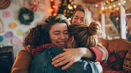 Friends and family celebrating someone's coming out in a cozy European home, with supportive hugs and decorations. --ar 16:9 --style raw Job ID: 58312772-ea79-48ac-9c41-5439b0bb2e1f