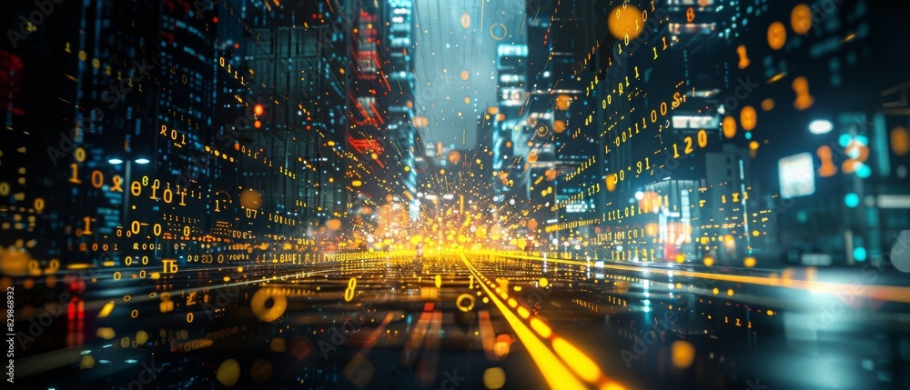 Aufkleber Dynamic Abstract Surveillance Concept: Colorful Matrix of Data Processing in a Cityscape at Night