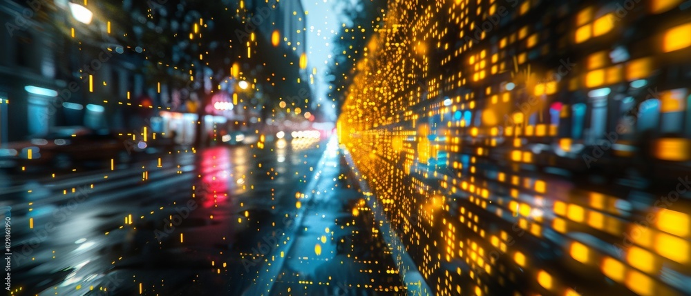 Poster dynamic urban surveillance concept: colorful glitch art and pixel matrix in city night setting refle