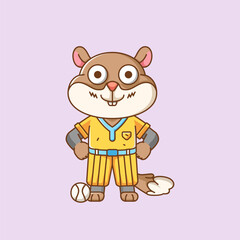 Cute squirrel Baseball player animal kawaii chibi character mascot illustration outline style design