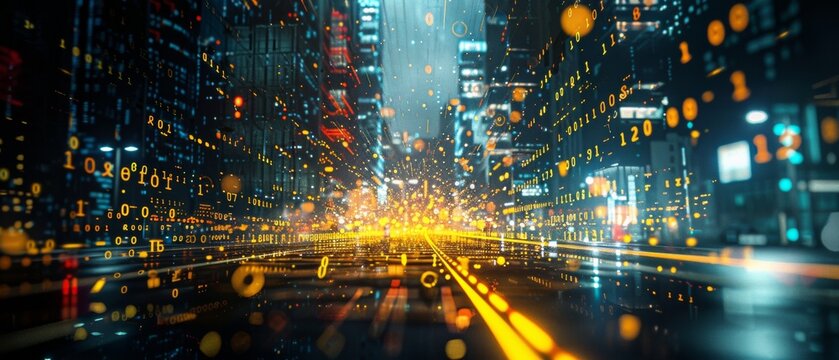 Dynamic Abstract Surveillance Concept: Colorful Matrix of Data Processing in a Cityscape at Night