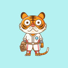 Cute tiger Baseball player animal kawaii chibi character mascot illustration outline style design