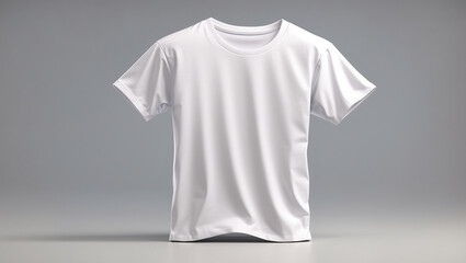 a rendering of a white, short-sleeved t-shirt on a grey background.