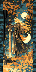 Anime Tarot Fox Knight with sword in Autumn Forest. Generative AI.