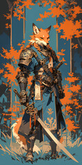 Anime Tarot Fox Knight with sword in Autumn Forest. Generative AI.