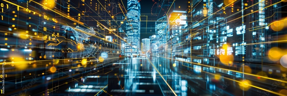 Poster futuristic urban surveillance network with vibrant neon web artistry representing cctv coverage and 